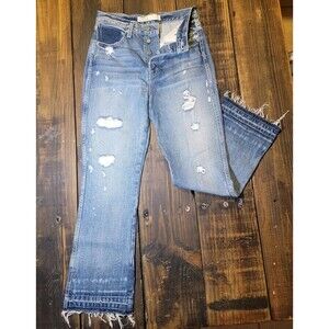 AYR Styx Crop Straight Leg Multi Tone Patch Dye Distressed Button Fly Jeans Sz25